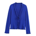 Königsblaue Langarm-Strickjacke mit V-Ausschnitt, Bindeband und Rüschensaum - S / Blauer Strickcardigan