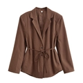 Women's dark brown cotton linen blazer with belted waist in size S, flat lay view - XS / Brown Top