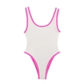 Minimalist white one-piece swimsuit with pink crochet trim and retro U-back design - S / White