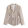 Women's light beige pinstripe belted blazer with lapel collar and waist tie details - XS / Striped Top