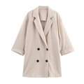 Klassischer beiger zweireihiger Leinenblazer für Damen mit schwarzen Knöpfen und Reverskragen - XS / Beiges Oberteil