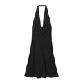 Elegant black halter neck polka dot dress with deep V-neckline and A-line silhouette - XS / Black