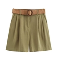Pantaloncini Bermuda donna verde oliva a vita alta con cintura intrecciata e fibbia - XS / Verde