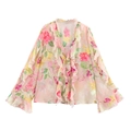 Elegant floral print chiffon blouse with layered ruffles and long flare sleeves - S / Pink Floral