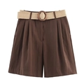 Pantaloncini Bermuda donna vita alta marrone caffè con cintura intrecciata - XS / caffè