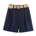 Women's navy blue high-waist Bermuda shorts with a woven belt and wooden buckle - Navy Blue