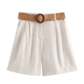 Beige high-waisted Bermuda shorts with woven belt and wooden buckle for women - Off White