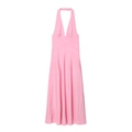 Elegant pink halter dress with deep V-neck and waist belt for summer occasion - S / Pink