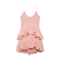 Franse stijl maxi-jurk met diepe V-hals en gelaagde ruches van roze chiffonstof - S / Roze