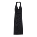 Elegante abito midi nero allacciato al collo con vita increspata e spacco laterale - XS / Nero