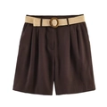 Women's high-waisted dark brown Bermuda shorts with woven belt and tortoiseshell buckle - Dark Brown