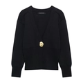 Chaqueta de punto negra para mujer con escote en V profundo y botón de metal dorado único - S / Negro