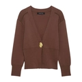 Chaqueta de punto marrón para mujer con cuello en V y botón dorado decorativo - S / Marrón