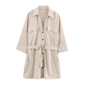 Abito a camicia midi beige da donna con colletto a rever e cintura regolabile in vita - S / Bianco Sporco