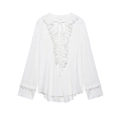 Witte damesblouse met V-hals, elegante ruches en een verfijnd strikje bij de hals - S / Wit