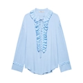 Elegante hemelblauwe blouse met V-hals, ruches en geometrische manchetten in ruime pasvorm - S / Hemelsblauw