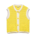 Detail of yellow and beige contrast crochet knit vest with textured stitch and buttons - S / Yellow