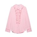 Close-up of pink blouse with layered ruffles, drawstring neckline and pleated cuffs - Pink