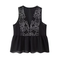Women's V-neck sleeveless black shirt with white wavy embroidery and peplum hem - XS / Black