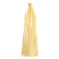 Elegant bright yellow halter neck satin midi dress with silky texture and draped fit - S / Yellow