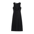 Elegant black sleeveless linen midi dress with square neck and wooden buttons - S / Black