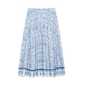 Blau-weißer A-Linien-Midirock mit Blumenmuster und elastischer hoher Taille für Damen - S / Blau Floral