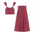 Red floral print two-piece summer set with a ruffle strap crop top and maxi A-line skirt - S / Burgundy