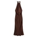 Elegant halter neck brown satin long dress with draped neckline and silky finish - S / Coffee
