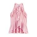Detailaufnahme des rosa Neckholder-Tops mit zarten Rüschen und Nackenschleife - S / Rosa