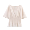 Elegant off-shoulder beige chiffon blouse with shirred waist and tiered peplum hem - XS / Lotus Pink