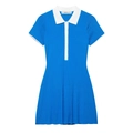 Elegantes königsblaues Strick-Polokleid mit weißem Kontrastkragen und Faltenrockdetail - S / Blau