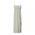 Elegant light green satin camisole dress with gathered bust and high side slit - S / Light Green