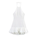 Elegante abito bianco allacciato al collo con orlo a balze e silhouette a trapezio - S / Bianco