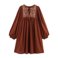 Boho rust red loose dress with floral embroidery, tassel tie neck, and long lantern sleeves - S / Rust red