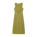 Olive green linen sleeveless midi dress with square neck and button front detail - S / Green