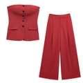 Women's 2-piece red strapless buttoned top and high-waist wide-leg trousers set - XS / Top And Bottom / Red