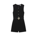 Women's chic black sleeveless romper with golden buttons and floral waist belt buckle - XS / Black
