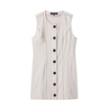 Robe mi-longue sans manches en lin beige avec surpiqûres noires contrastantes - S / Kaki