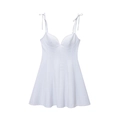 Detailed flat lay of white A-line mini dress with bow-tie straps and V-neckline detail - Light Blue