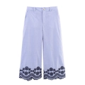 Dames cropped broek met blauwe strepen, wijde pijpen en bloemig kant aan de zoom - XS / Gestreepte Wijde Broek