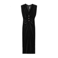Elegantes schwarzes Samtkleid ohne Ärmel mit tiefem V-Ausschnitt und goldenen Knöpfen - XS / Schwarz