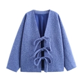 Women's royal blue loose knit cardigan with three elegant bow ties for summer 2025 - S / Blue