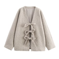 Women's light grey textured knit cardigan with front bow ties and V-neckline style - S / Gray