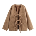 Brown faux shearling jacket with decorative bow ties and smooth satin lining - S / Coffee