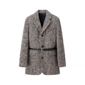 Grauer Damen Blazer mit Fischgrätenmuster, schwarzem Ledergürtel und Reverskragen - S / Grau