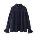 Women's navy blue loose-fit shirt with ruffled cuffs and subtle pleated front detail - S / Navy Blue