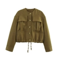 Olivgrüne kurze Cargo-Jacke mit Kordelzug, Knopfleiste und großen Taschen für Damen - S / Olivgrüne Jacke