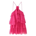 Leuchtend pinkes Neckholder-Minikleid mit Stufenvolants und 3D-Blumendetail am Hals - Fuchsia