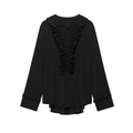 Eleganteres schwarzes Langarm-Oberteil mit V-Ausschnitt, Rüschen und Bindedetails - XS / Schwarz