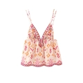 Bohemian pink camisole with ethnic geometric prints and V-neck embroidery detail - XS / Rainbow
